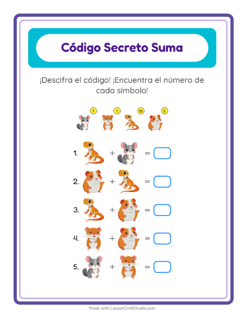 Vista previa de la hoja de Suma Codificada con Mascotas para jardín infantil