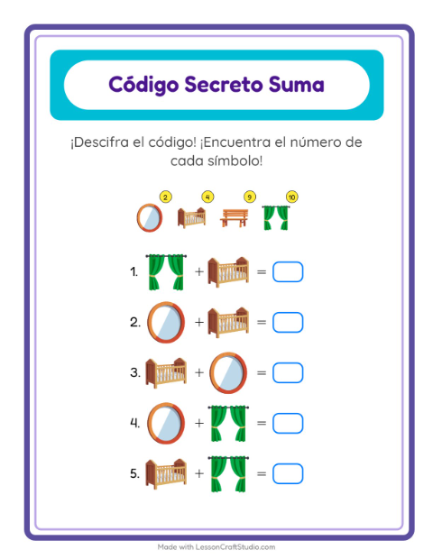 Vista previa de la hoja de Suma Codificada con Muebles para jardín infantil