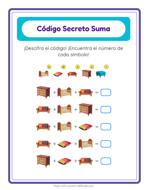 Vista previa de la hoja de Suma Codificada con Muebles para jardín infantil