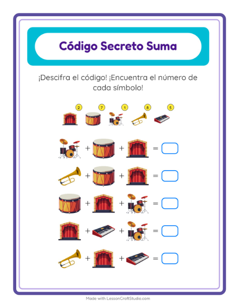 Vista previa de la hoja de Suma Codificada con Música para jardín infantil
