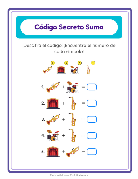 Vista previa de la hoja de Suma Codificada con Música para jardín infantil