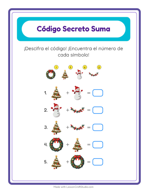 Vista previa de la hoja de Suma Codificada con Navidad para jardín infantil