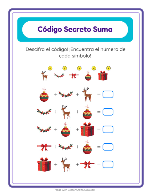 Vista previa de la hoja de Suma Codificada con Navidad para jardín infantil