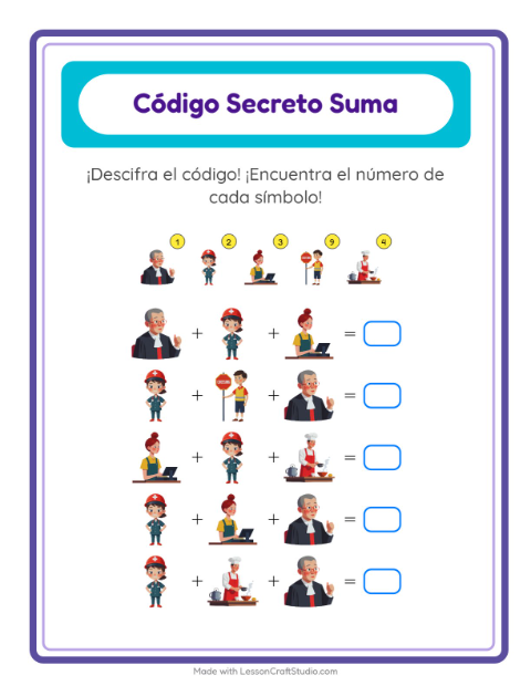 Vista previa de la hoja de Suma Codificada con Ocupaciones para jardín infantil