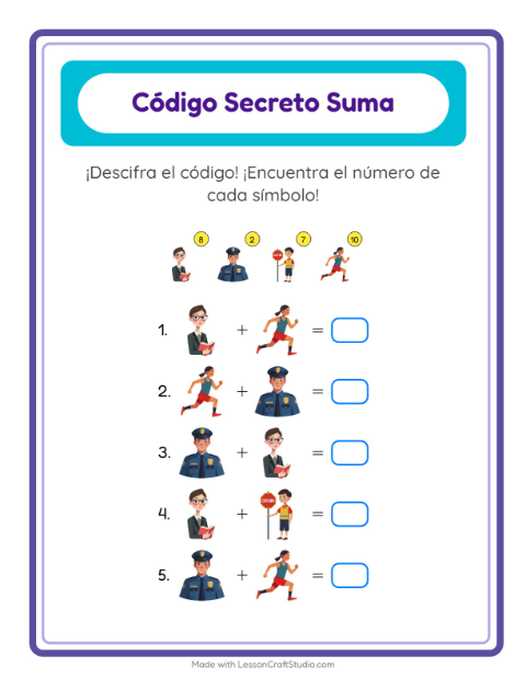 Vista previa de la hoja de Suma Codificada con Ocupaciones para jardín infantil