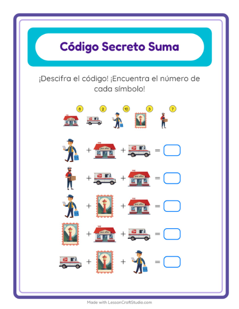 Vista previa de la hoja de Suma Codificada con Oficina de correos para jardín infantil