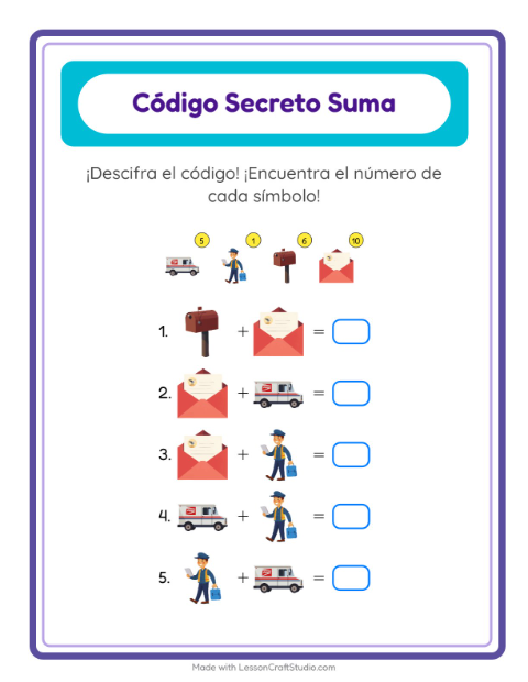Vista previa de la hoja de Suma Codificada con Oficina de correos para jardín infantil