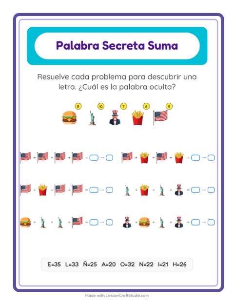 Vista previa de la hoja de Suma Codificada con 4 de Julio para jardín infantil