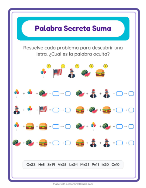 Vista previa de la hoja de Suma Codificada con 4 de Julio para jardín infantil