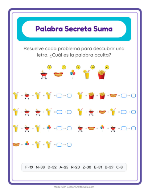 Vista previa de la hoja de Suma Codificada con 4 de Julio para jardín infantil
