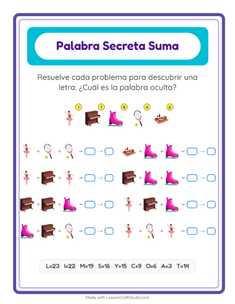 Vista previa de la hoja de Suma Codificada con Actividades para jardín infantil