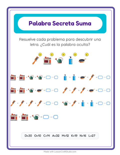 Vista previa de la hoja de Suma Codificada con Alrededor de la casa para jardín infantil