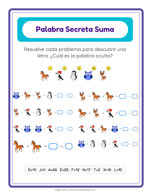 Vista previa de la hoja de Suma Codificada con Animales para jardín infantil