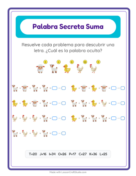 Vista previa de la hoja de Suma Codificada con Animales de granja para jardín infantil
