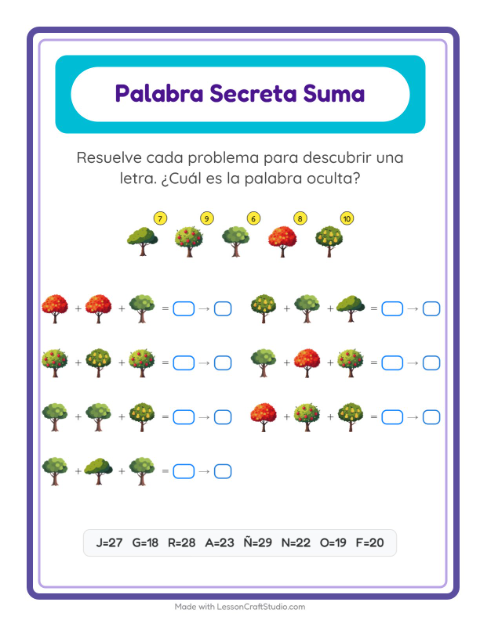 Vista previa de la hoja de Suma Codificada con Árboles para jardín infantil