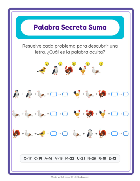 Vista previa de la hoja de Suma Codificada con Aves 2 para jardín infantil