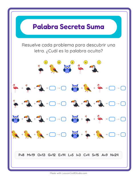 Vista previa de la hoja de Suma Codificada con Aves para jardín infantil