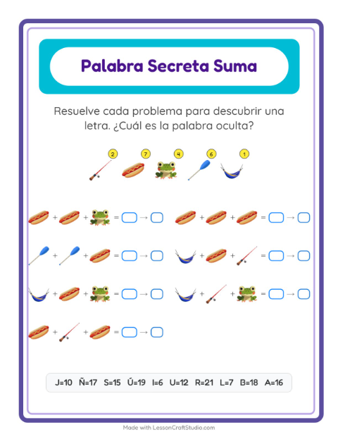 Vista previa de la hoja de Suma Codificada con Campamento para jardín infantil