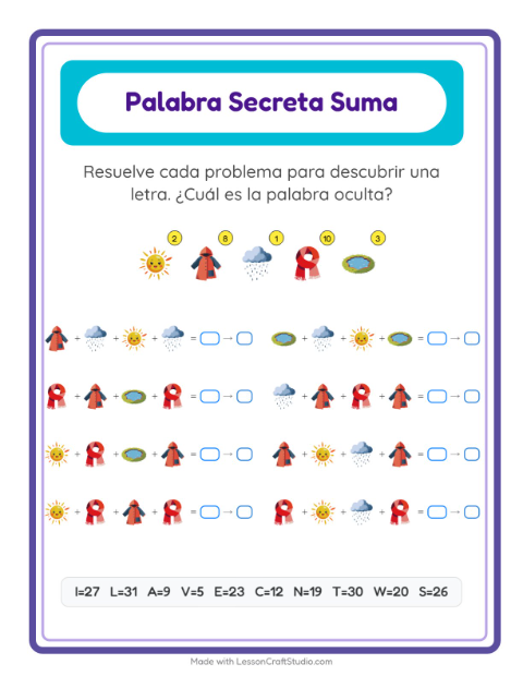 Vista previa de la hoja de Suma Codificada con Clima para jardín infantil