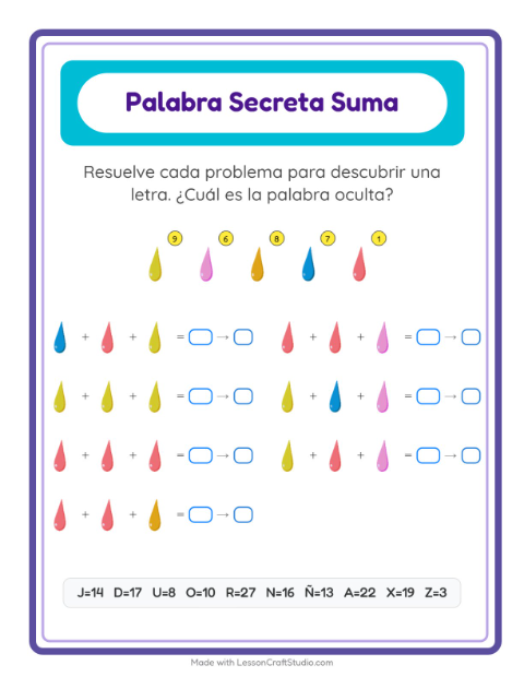 Vista previa de la hoja de Suma Codificada con Colores para jardín infantil