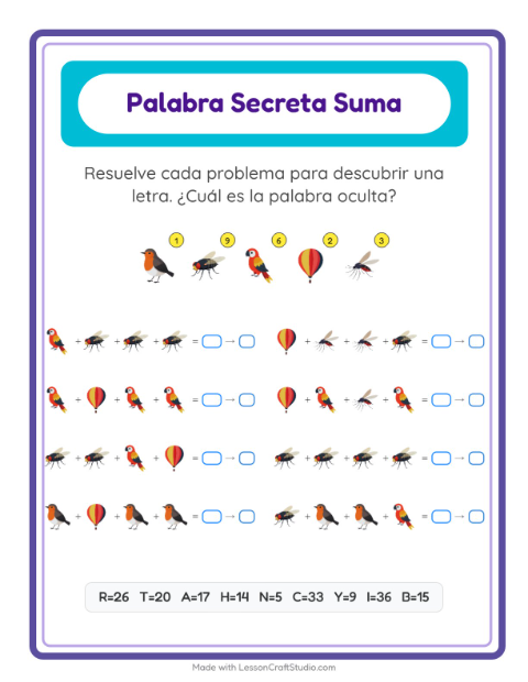 Vista previa de la hoja de Suma Codificada con Cosas que vuelan para jardín infantil