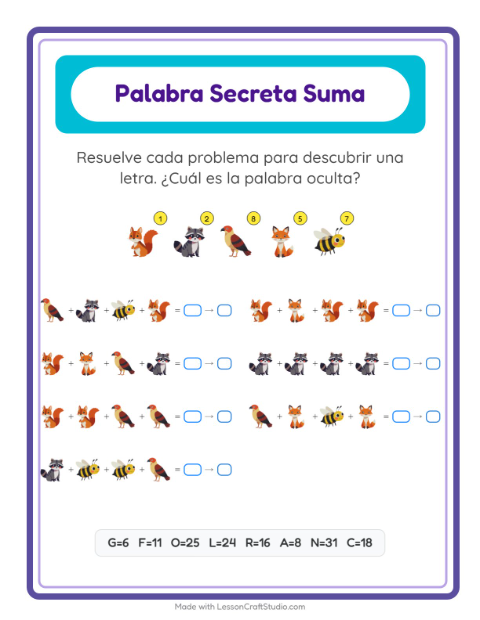 Vista previa de la hoja de Suma Codificada con Criaturas del bosque para jardín infantil