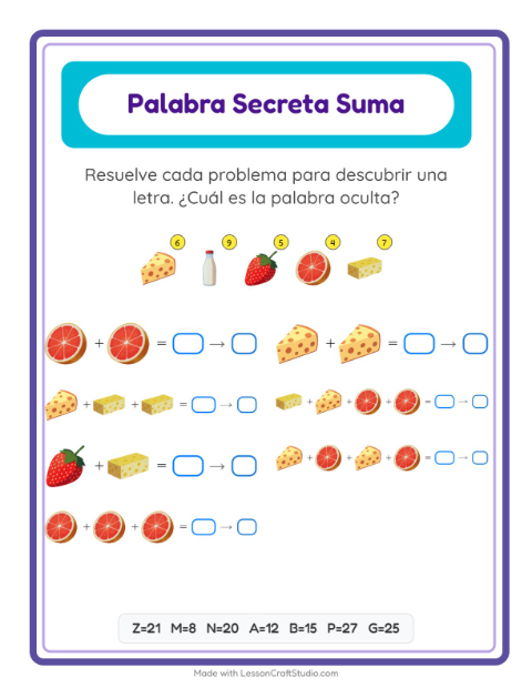 Vista previa de la hoja de Suma Codificada con Desayuno para jardín infantil