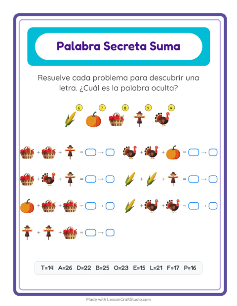 Vista previa de la hoja de Suma Codificada con Día de Acción de Gracias para jardín infantil