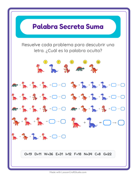 Vista previa de la hoja de Suma Codificada con Dinosaurios para jardín infantil