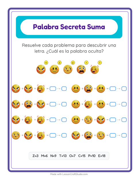 Vista previa de la hoja de Suma Codificada con Emociones para jardín infantil