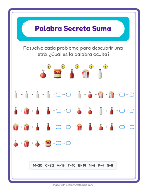 Vista previa de la hoja de Suma Codificada con En el supermercado para jardín infantil