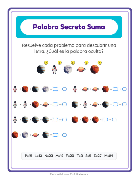 Vista previa de la hoja de Suma Codificada con Espacio para jardín infantil