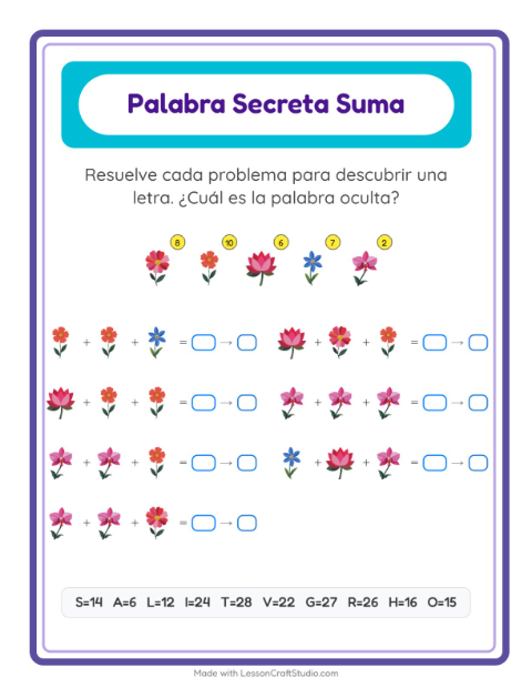 Vista previa de la hoja de Suma Codificada con Flores para jardín infantil