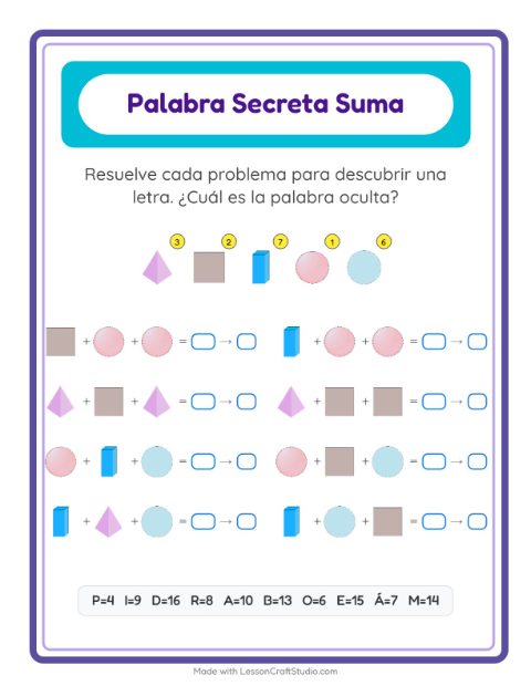 Vista previa de la hoja de Suma Codificada con Formas para jardín infantil