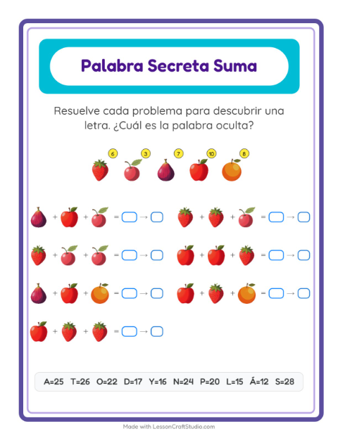 Vista previa de la hoja de Suma Codificada con Frutas para jardín infantil