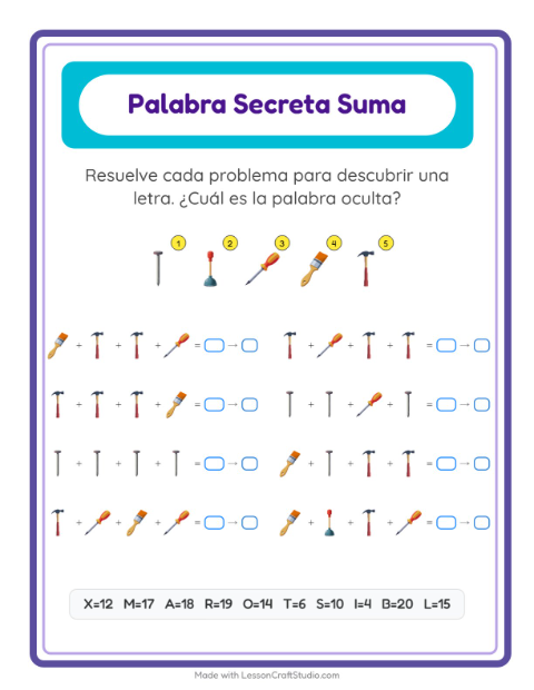Vista previa de la hoja de Suma Codificada con Herramientas para jardín infantil