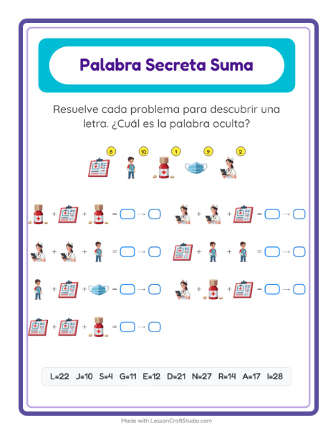 Vista previa de la hoja de Suma Codificada con Hospital para jardín infantil