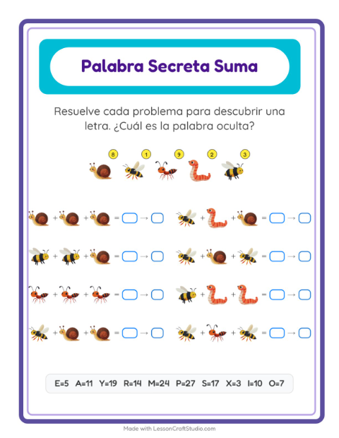 Vista previa de la hoja de Suma Codificada con Insectos y bichos para jardín infantil