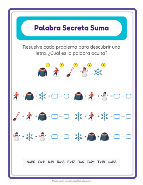 Vista previa de la hoja de Suma Codificada con Invierno para jardín infantil