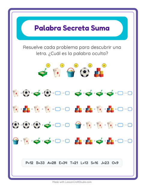 Vista previa de la hoja de Suma Codificada con Juguetes para jardín infantil