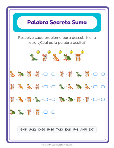 Vista previa de la hoja de Suma Codificada con Mascotas para jardín infantil