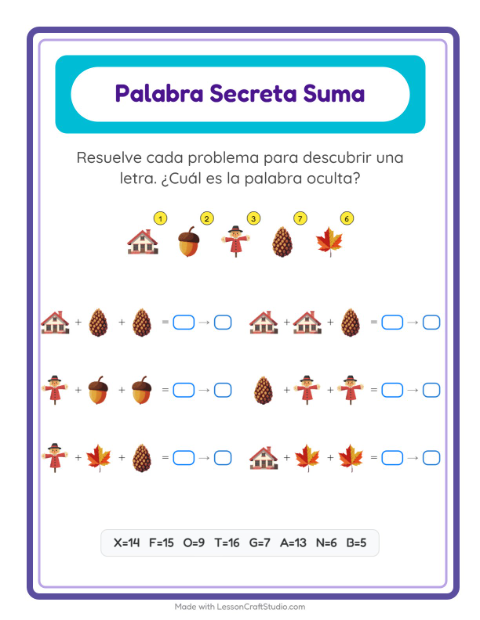 Vista previa de la hoja de Suma Codificada con Misceláneo para jardín infantil