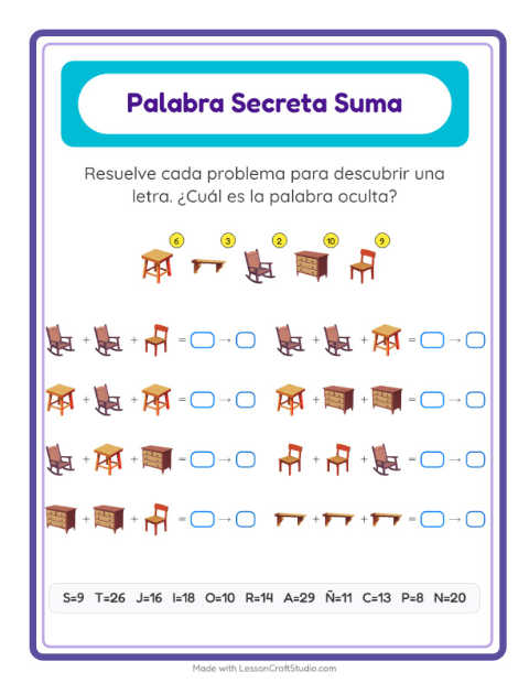 Vista previa de la hoja de Suma Codificada con Muebles para jardín infantil