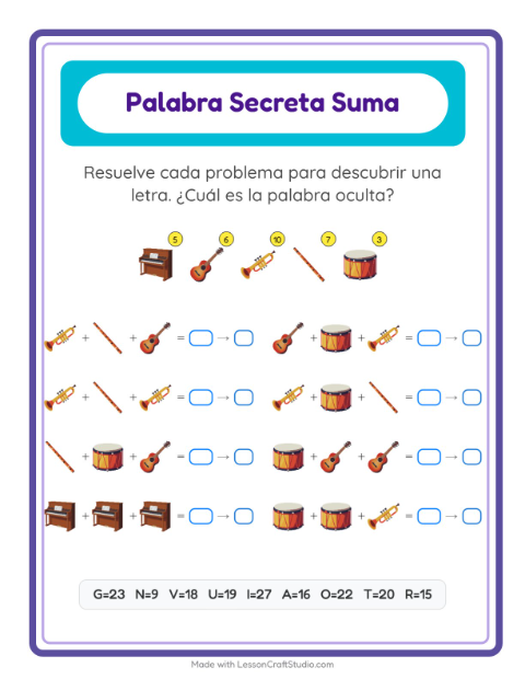 Vista previa de la hoja de Suma Codificada con Música para jardín infantil