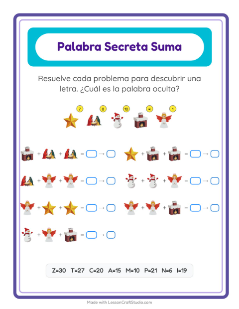 Vista previa de la hoja de Suma Codificada con Navidad para jardín infantil