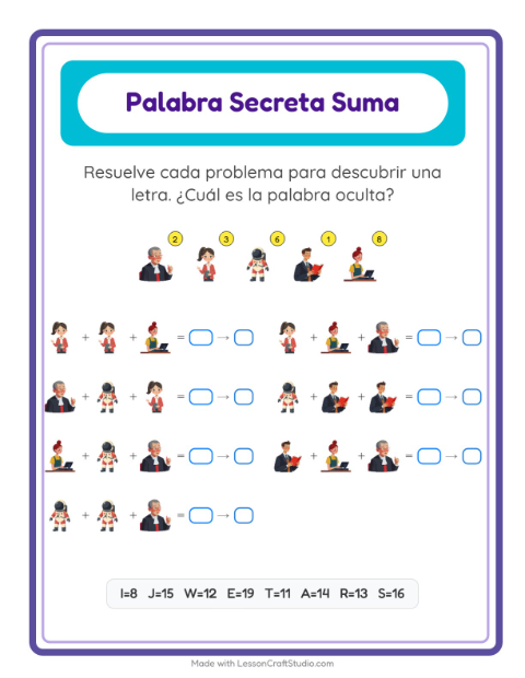 Vista previa de la hoja de Suma Codificada con Ocupaciones para jardín infantil