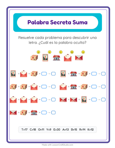 Vista previa de la hoja de Suma Codificada con Oficina de correos para jardín infantil