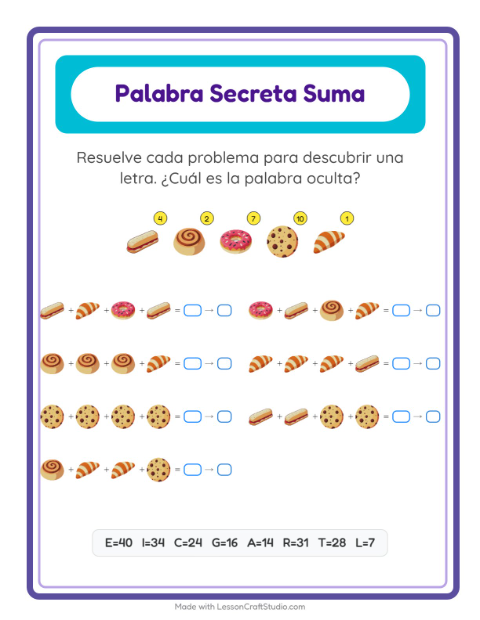 Vista previa de la hoja de Suma Codificada con Panadería para jardín infantil