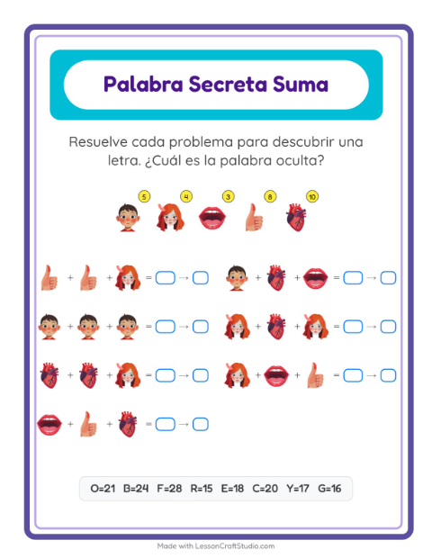 Vista previa de la hoja de Suma Codificada con Partes del cuerpo para jardín infantil