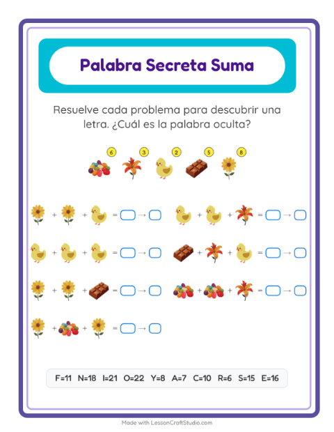 Vista previa de la hoja de Suma Codificada con Pascua para jardín infantil